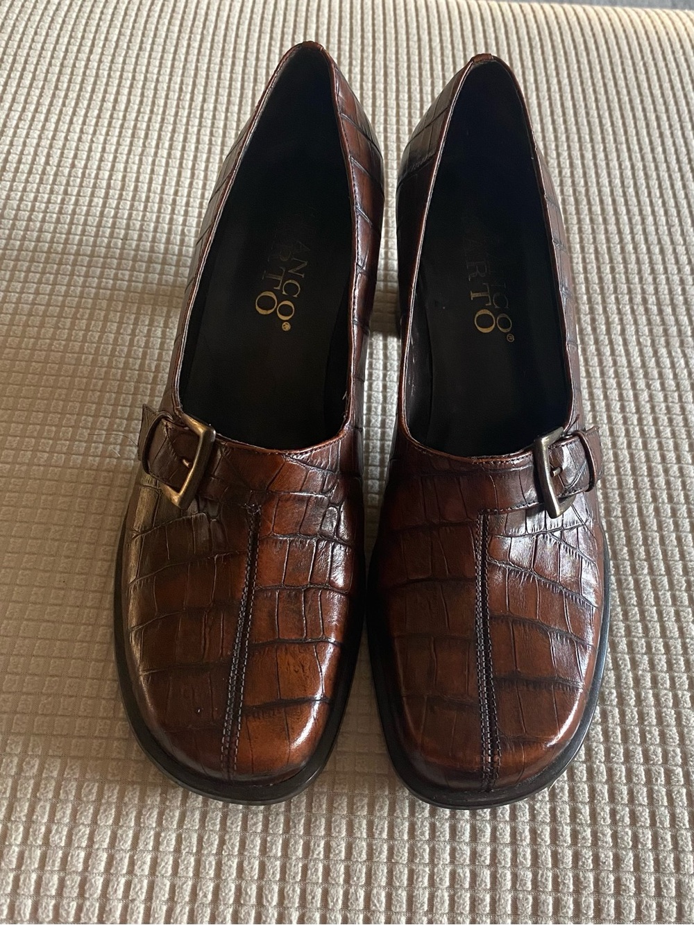 Franco Sarto Brown Croc-Embossed Buckle Block Heel Mules